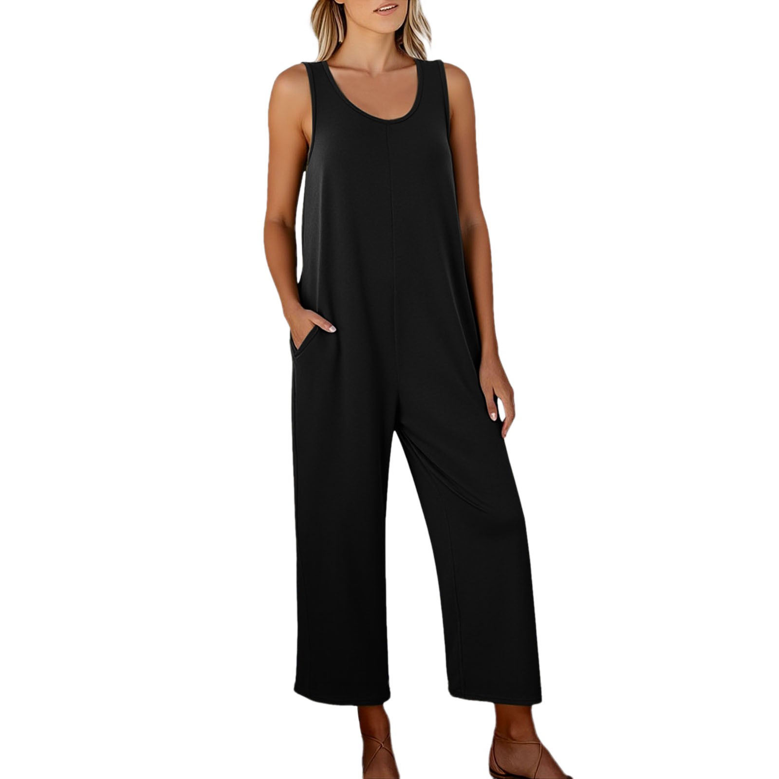 Mono sin mangas para mujer: cuello sin mangas, pantalón ancho informal, corte holgado, con bolsillos